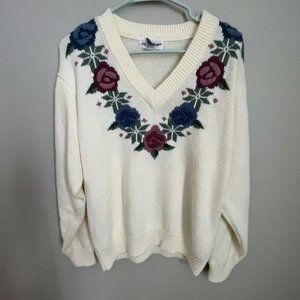 Vintage Alfred Dunner Cream Floral Embroidered Cottagecore Sweater